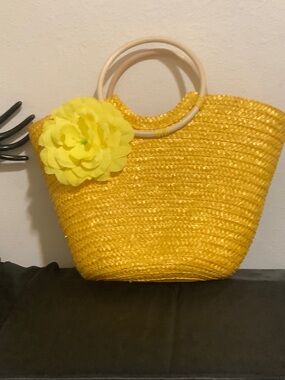 Yellow Straw Tote Bag with Flower Accent